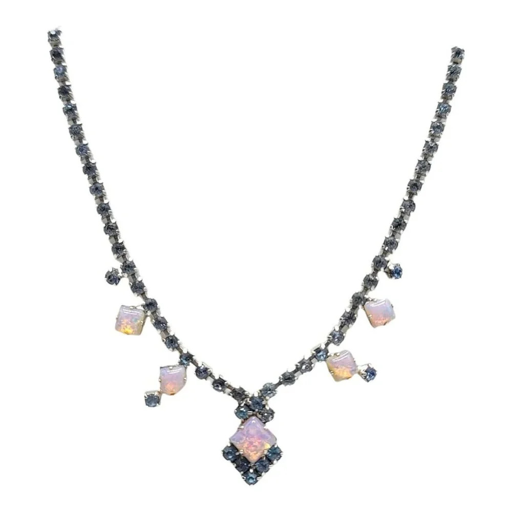 Blue Rhinestone Pink Faux Opal Art Deco Style Choker Necklace Silver Tone